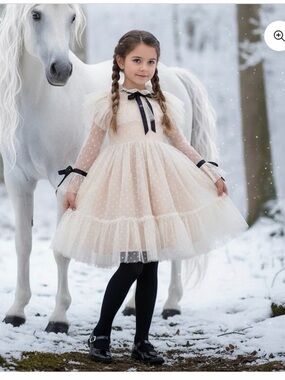 Trish Scully Ivory Tulle Polka Dot Party Dress with Black Ribbon Size 7